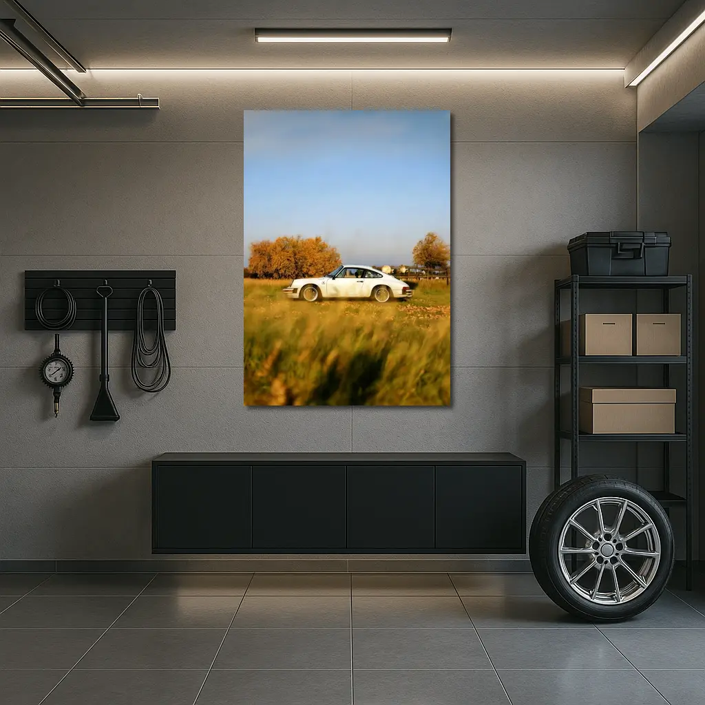 White Porsche 911 Parked in Autumn Field – Wall Art