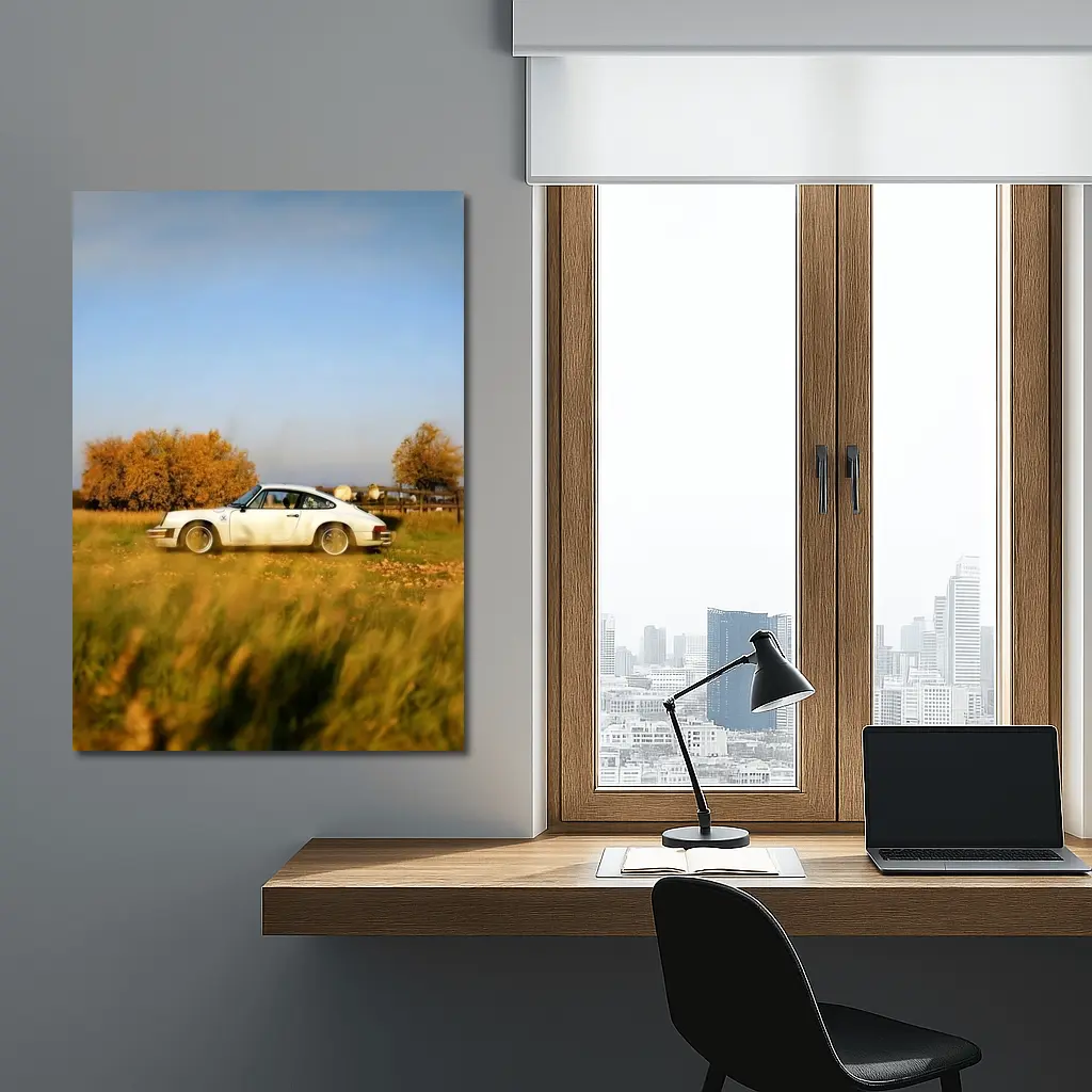 White Porsche 911 Parked in Autumn Field – Wall Art