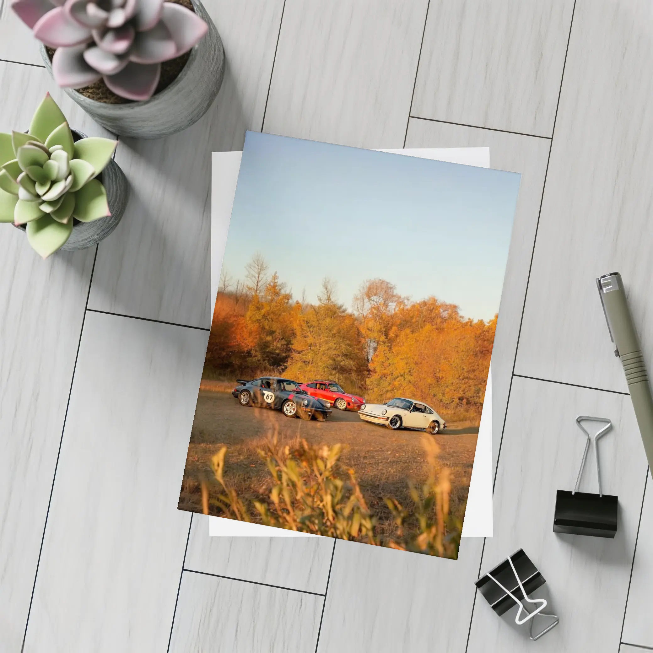 Three Classic Porsche 911 Cars Autumn Setting – Postcards