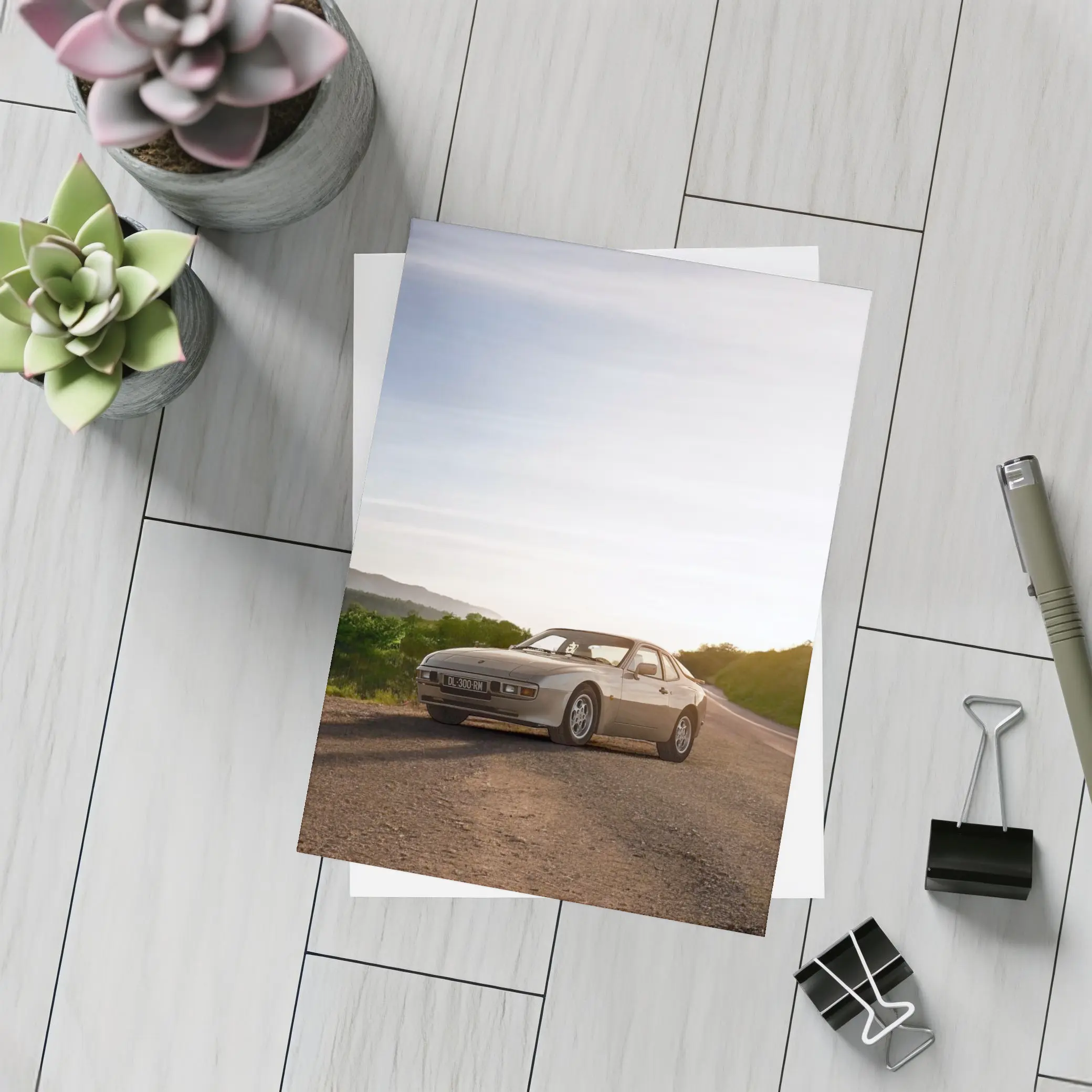 Porsche 944 Silver Coupe Open Road Sunset – Postcards