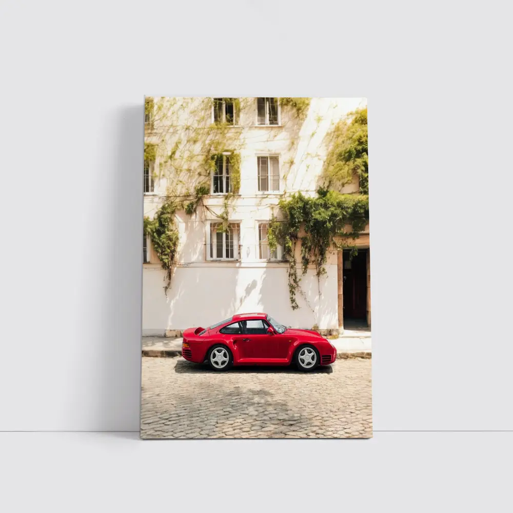 Red Porsche 959 Parked Old Town Street – Wall Art