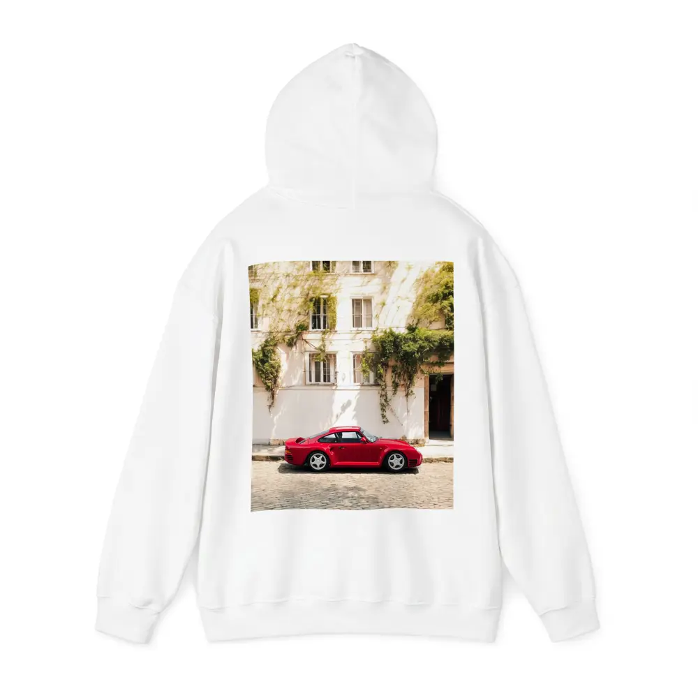 Red Porsche 959 Parked Old Town Street – Hoodies