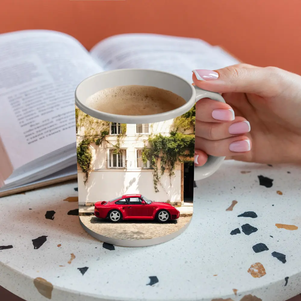 Red Porsche 959 Parked Old Town Street – Mugs