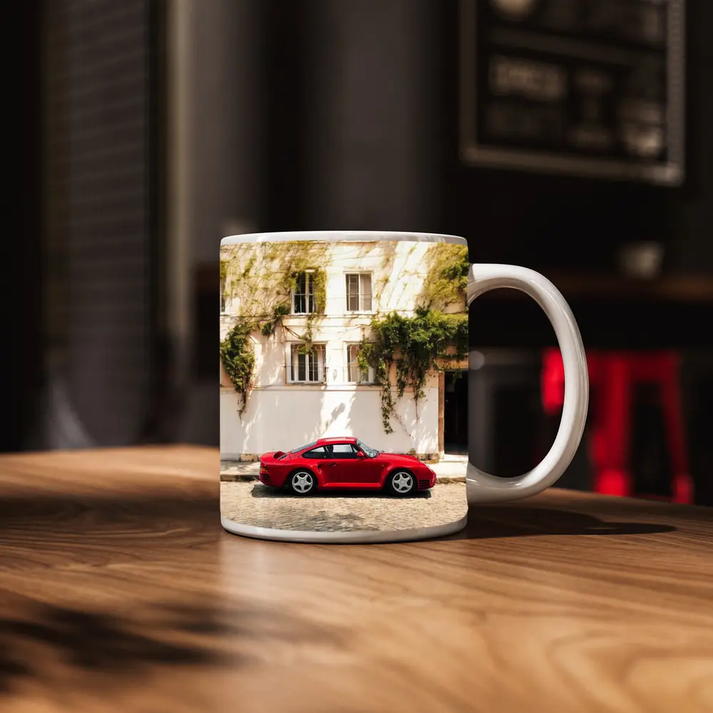 Red Porsche 959 Parked Old Town Street – Mugs