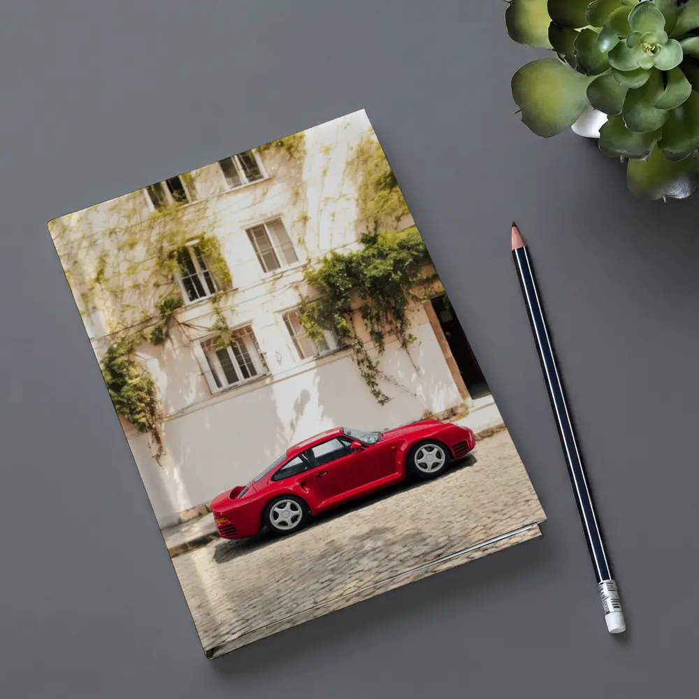 Red Porsche 959 Parked Old Town Street – Notebooks