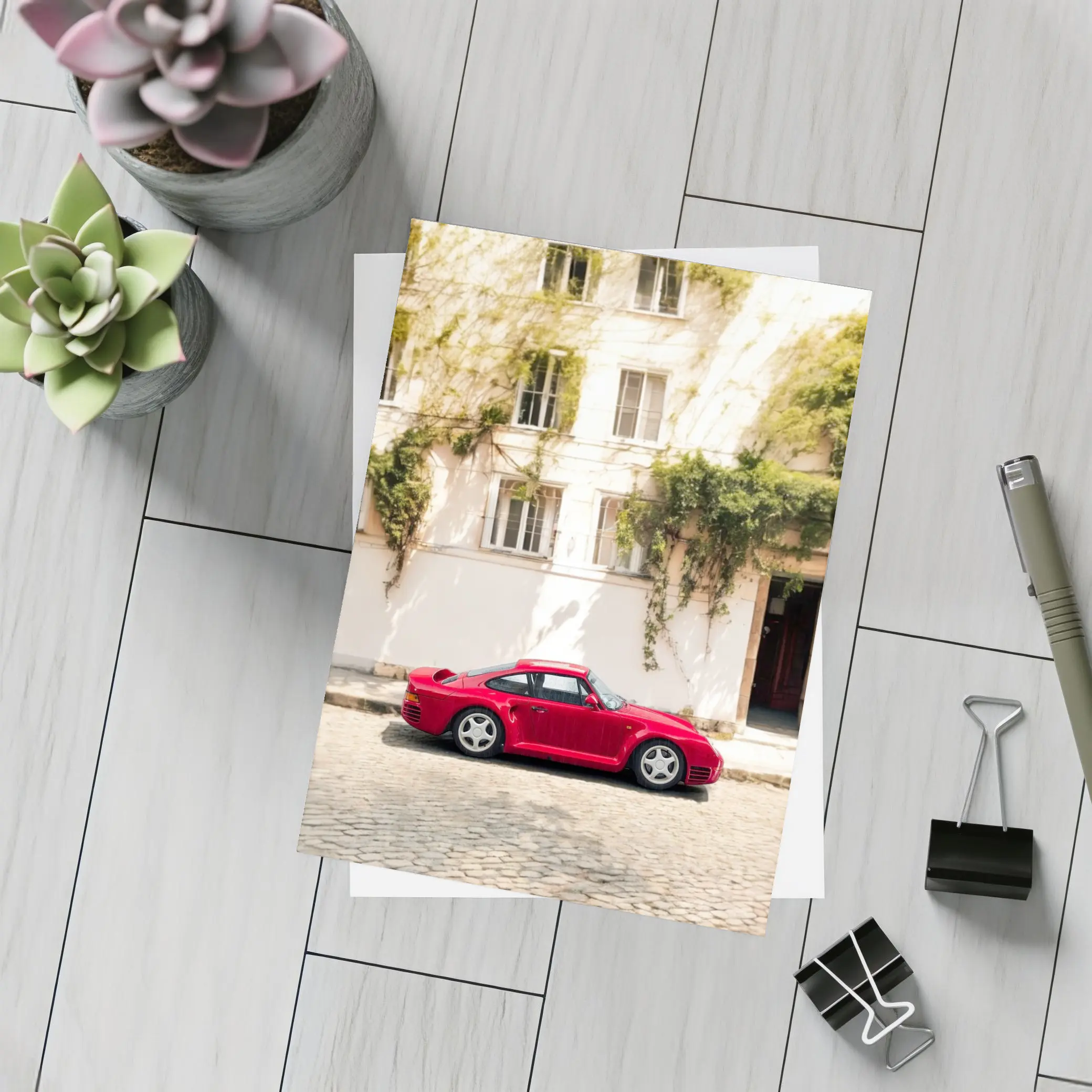 Red Porsche 959 Parked Old Town Street – Postcards