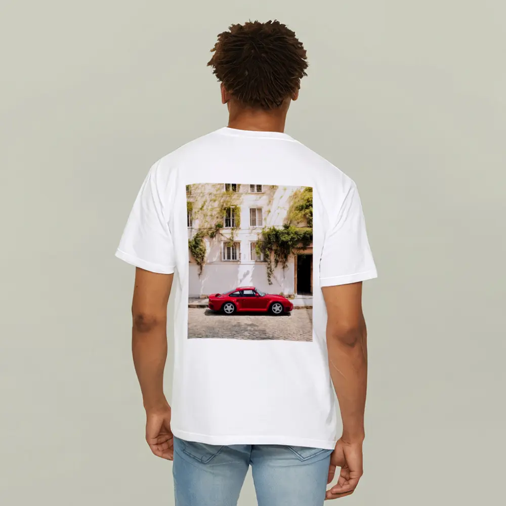 Red Porsche 959 Parked Old Town Street – T-Shirts