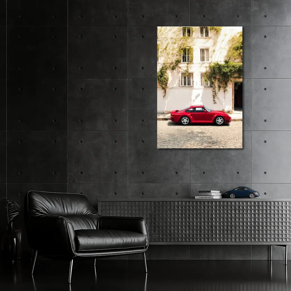 Red Porsche 959 Parked Old Town Street – Wall Art