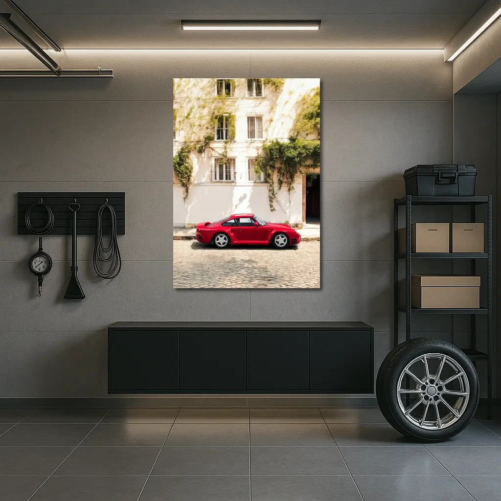 Red Porsche 959 Parked Old Town Street – Wall Art