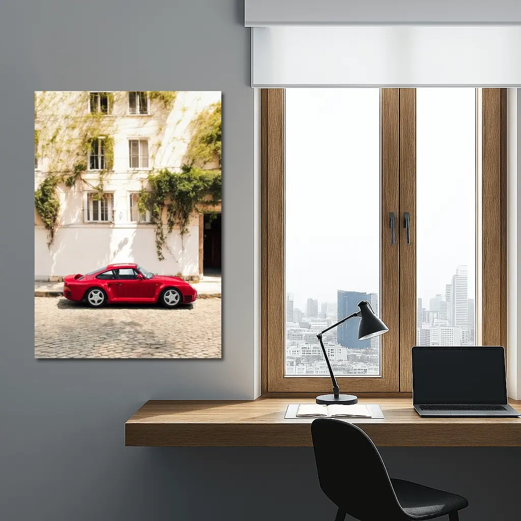 Red Porsche 959 Parked Old Town Street – Wall Art