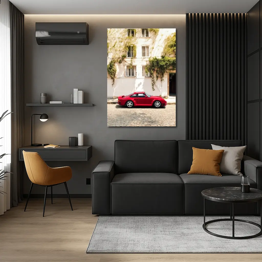 Red Porsche 959 Parked Old Town Street – Wall Art