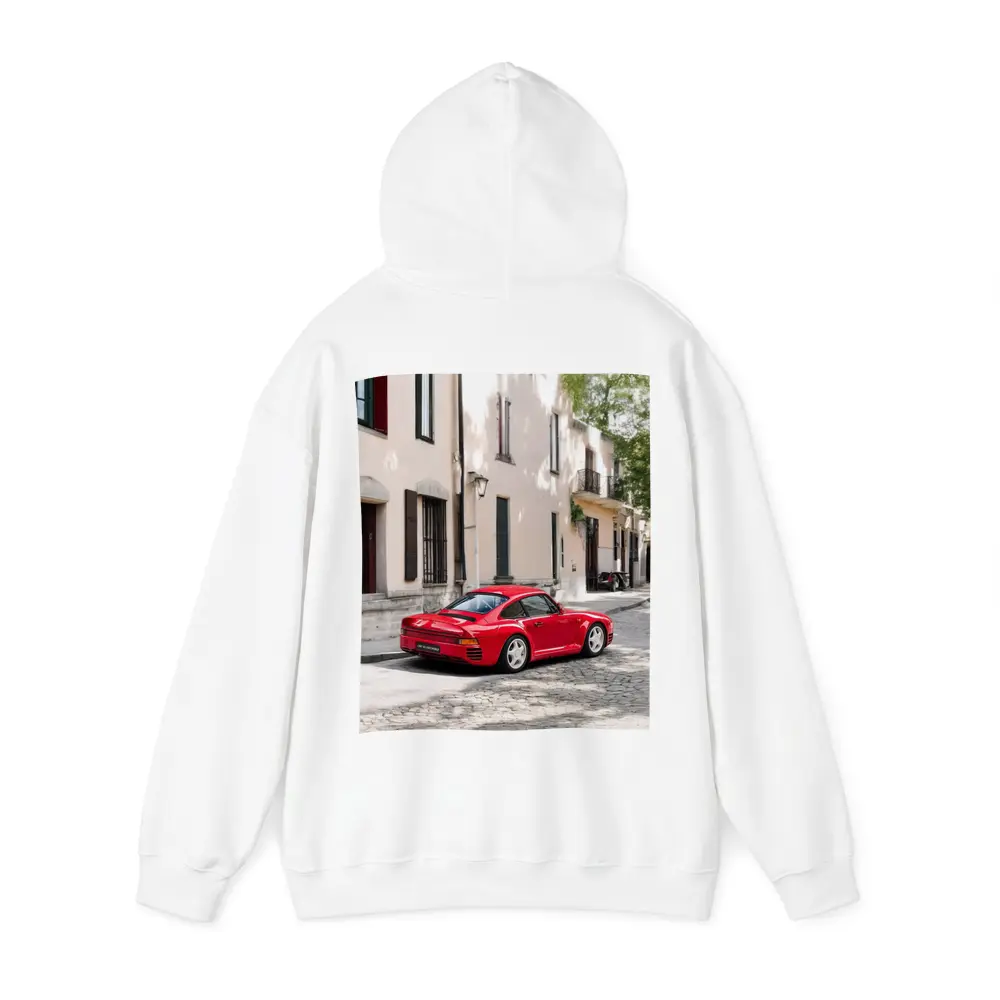 Red Porsche 959 On Cobblestone Old Town Street – Hoodies