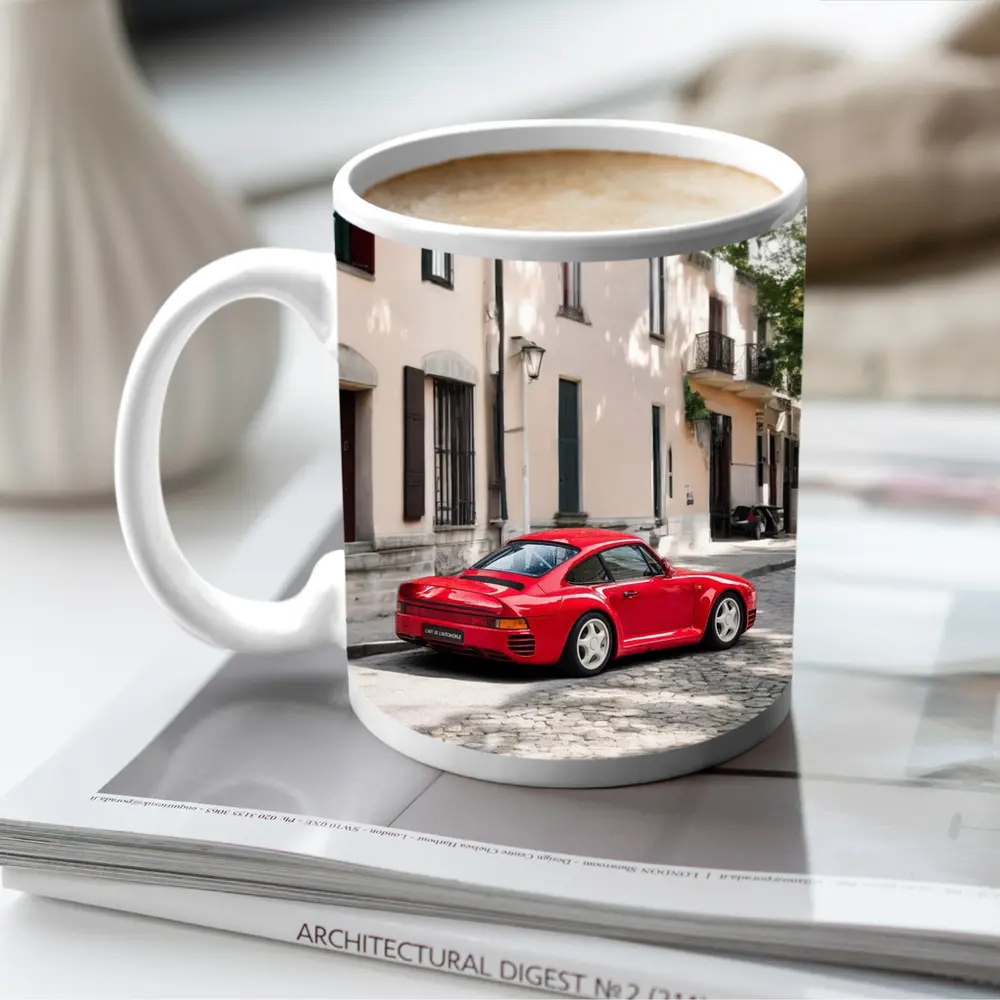 Red Porsche 959 On Cobblestone Old Town Street – Mugs