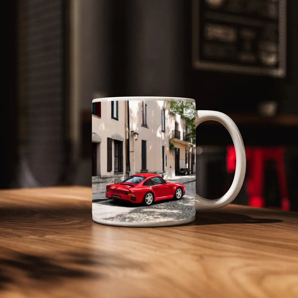 Red Porsche 959 On Cobblestone Old Town Street – Mugs