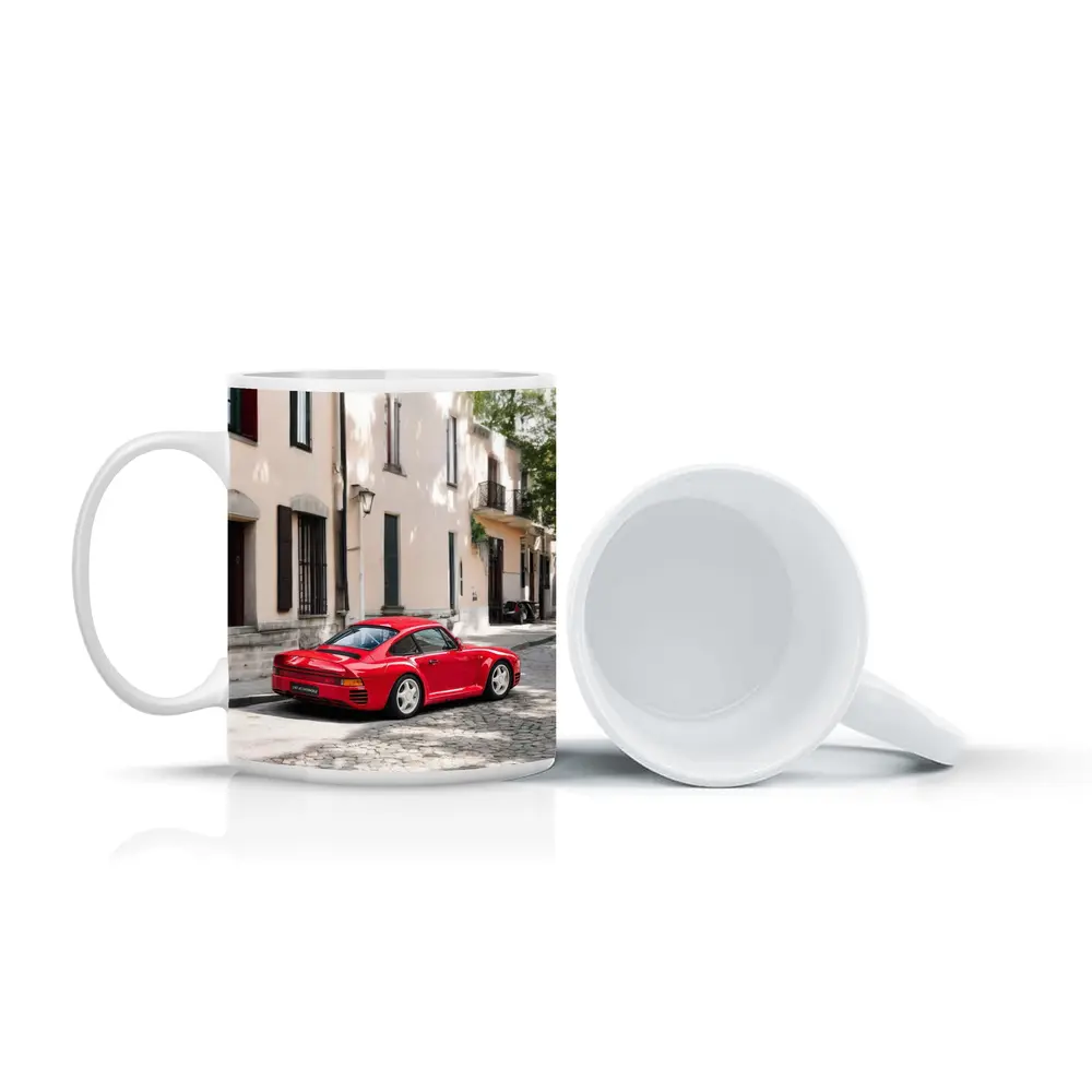 Red Porsche 959 On Cobblestone Old Town Street – Mugs