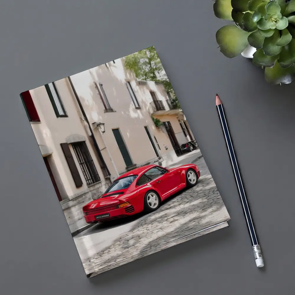Red Porsche 959 On Cobblestone Old Town Street – Notebooks