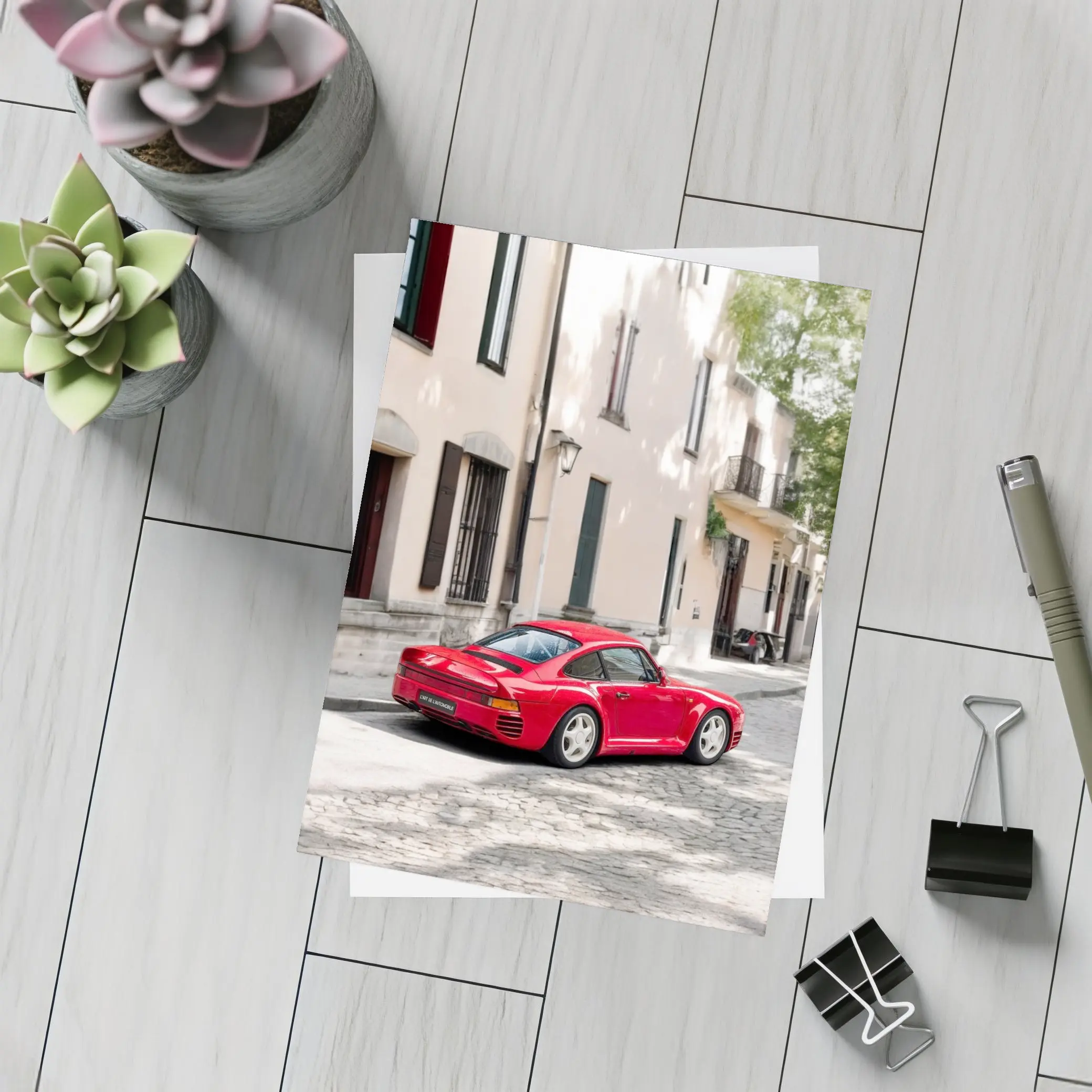 Red Porsche 959 On Cobblestone Old Town Street – Postcards
