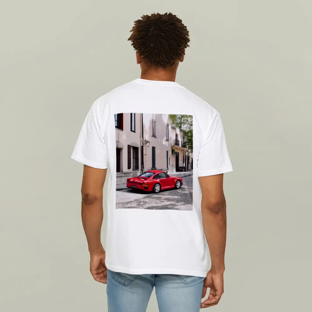 Red Porsche 959 On Cobblestone Old Town Street – T-Shirts