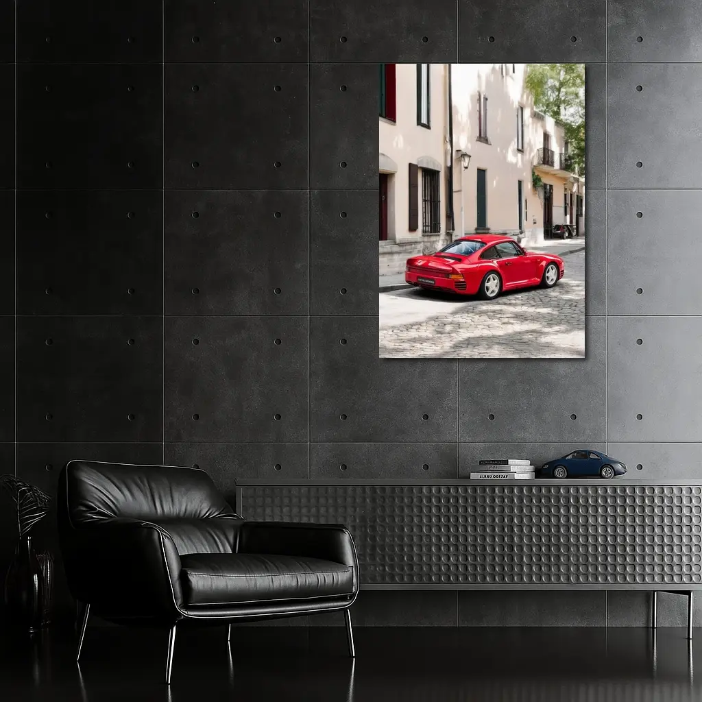 Red Porsche 959 On Cobblestone Old Town Street – Wall Art