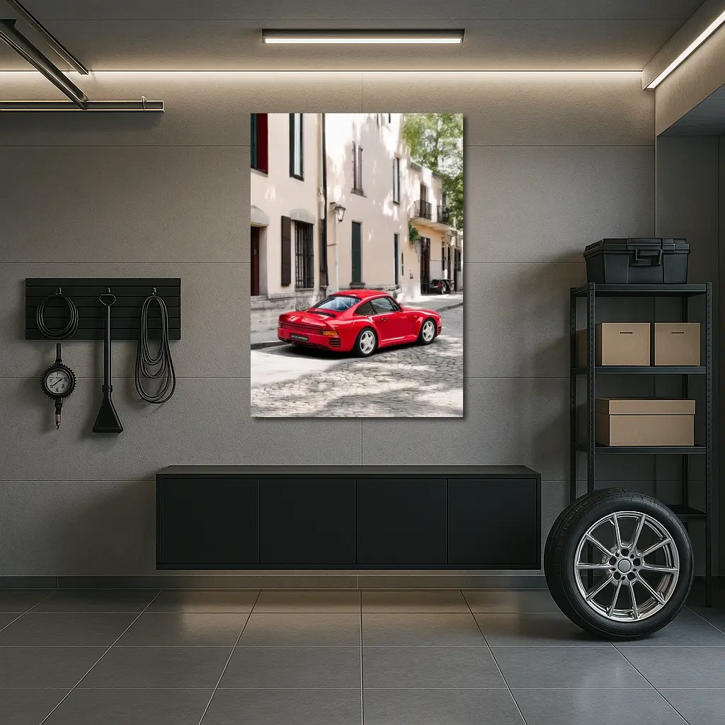 Red Porsche 959 On Cobblestone Old Town Street – Wall Art