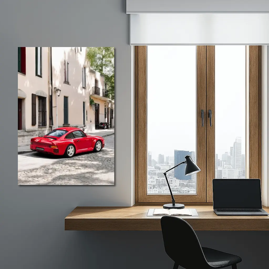 Red Porsche 959 On Cobblestone Old Town Street – Wall Art