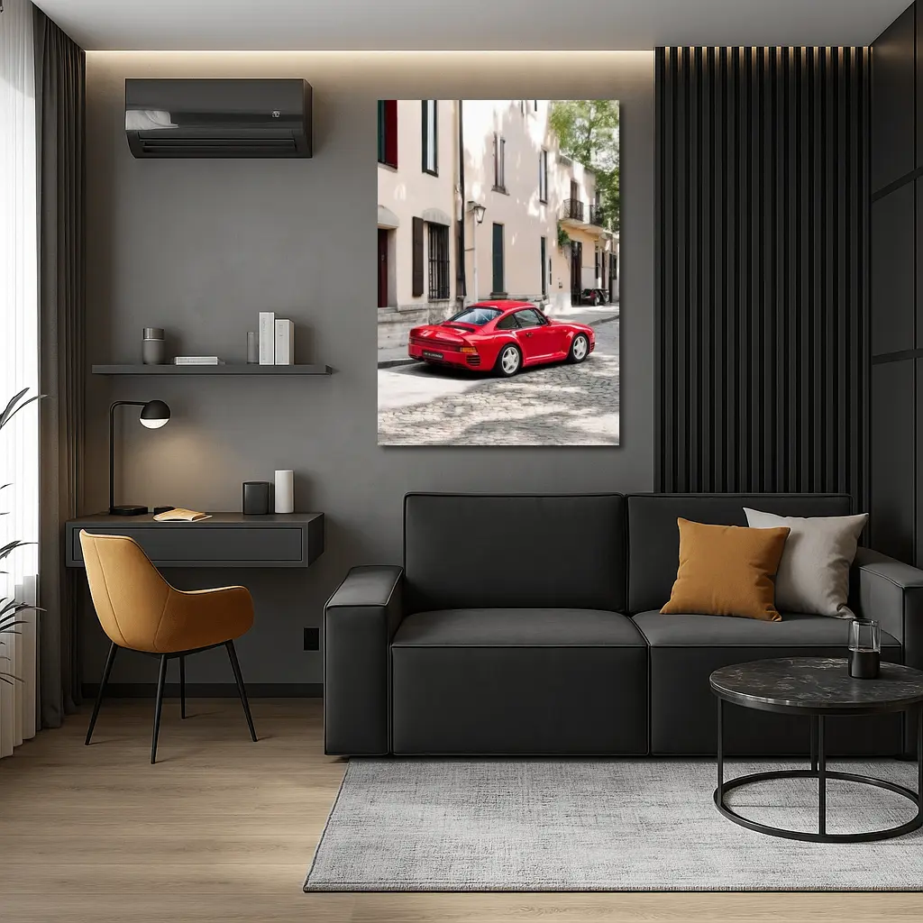 Red Porsche 959 On Cobblestone Old Town Street – Wall Art