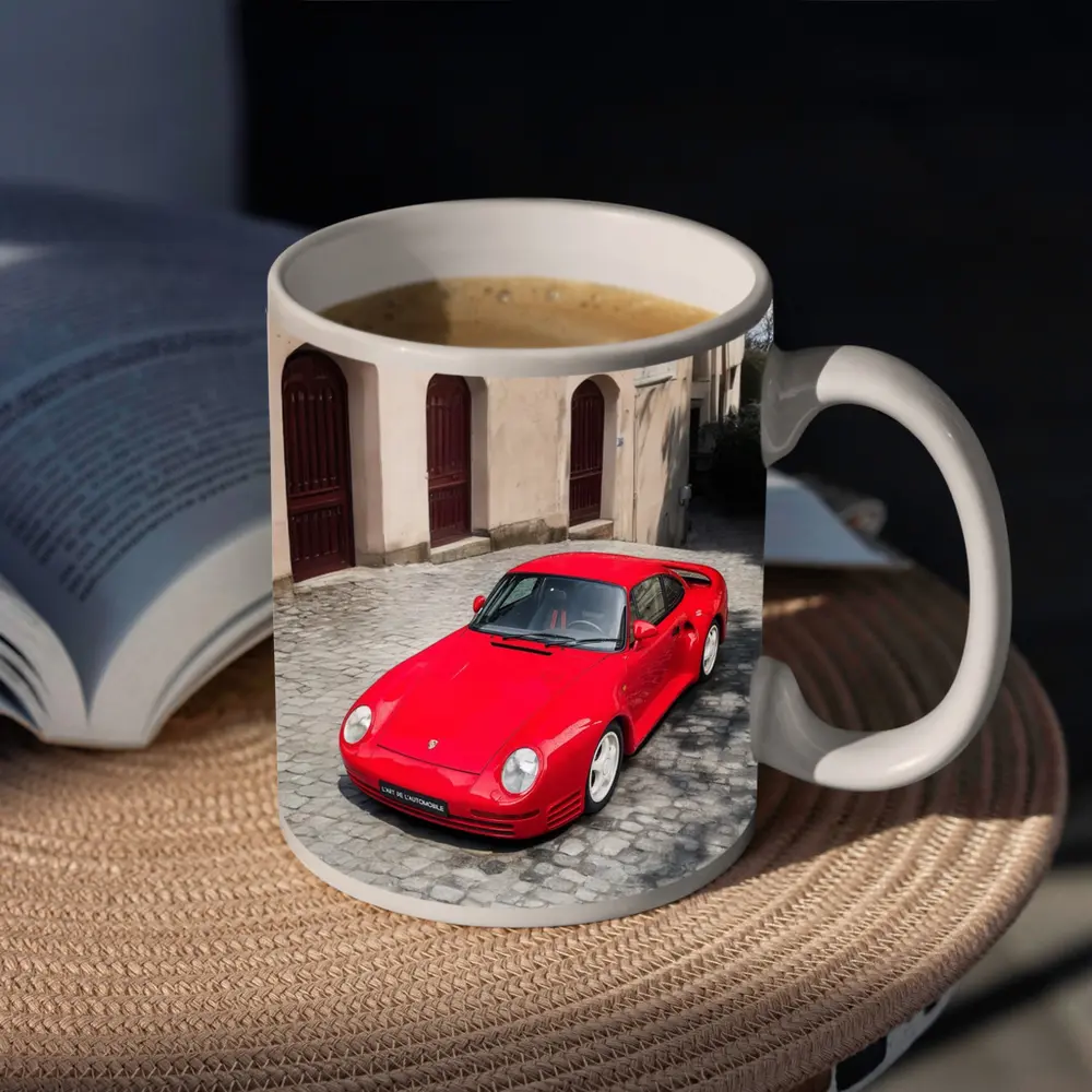 Red Porsche 959 on Cobblestone Old Town – Mugs
