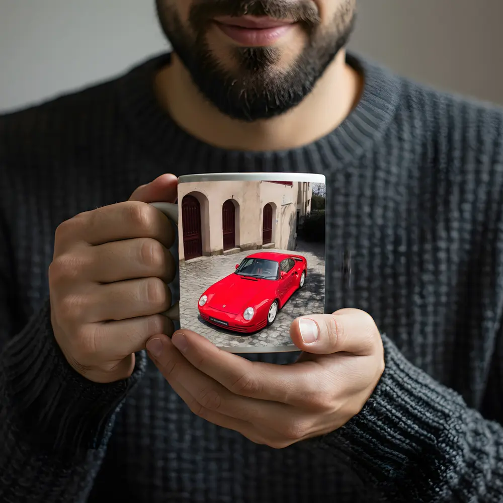 Red Porsche 959 on Cobblestone Old Town – Mugs
