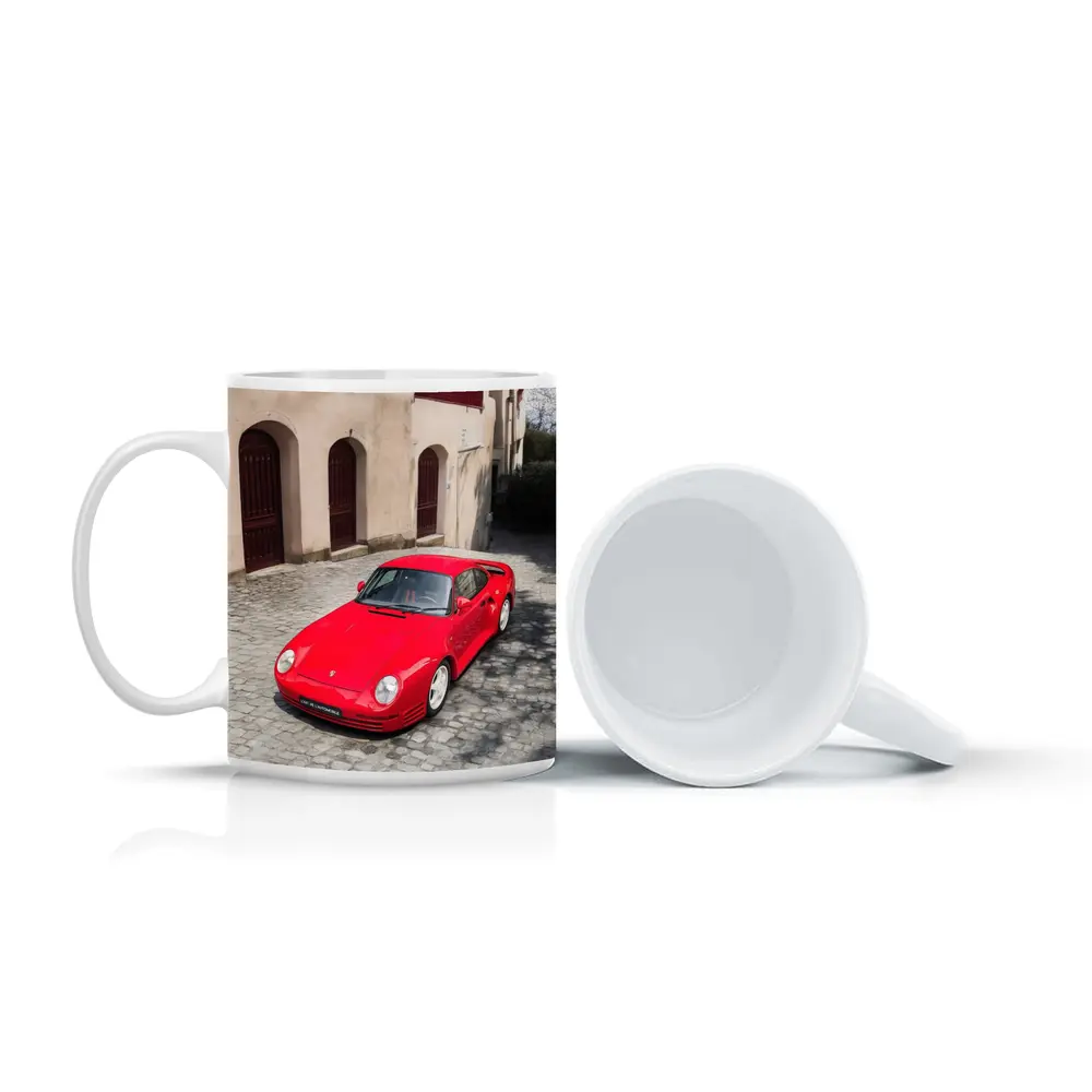 Red Porsche 959 on Cobblestone Old Town – Mugs