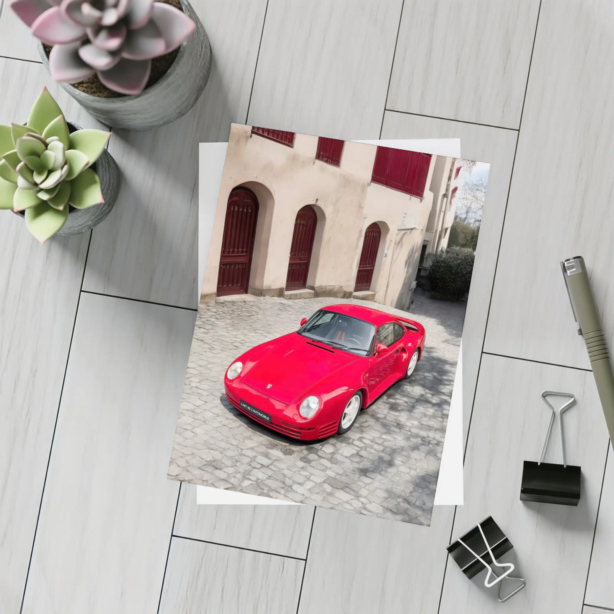 Red Porsche 959 on Cobblestone Old Town – Postcards