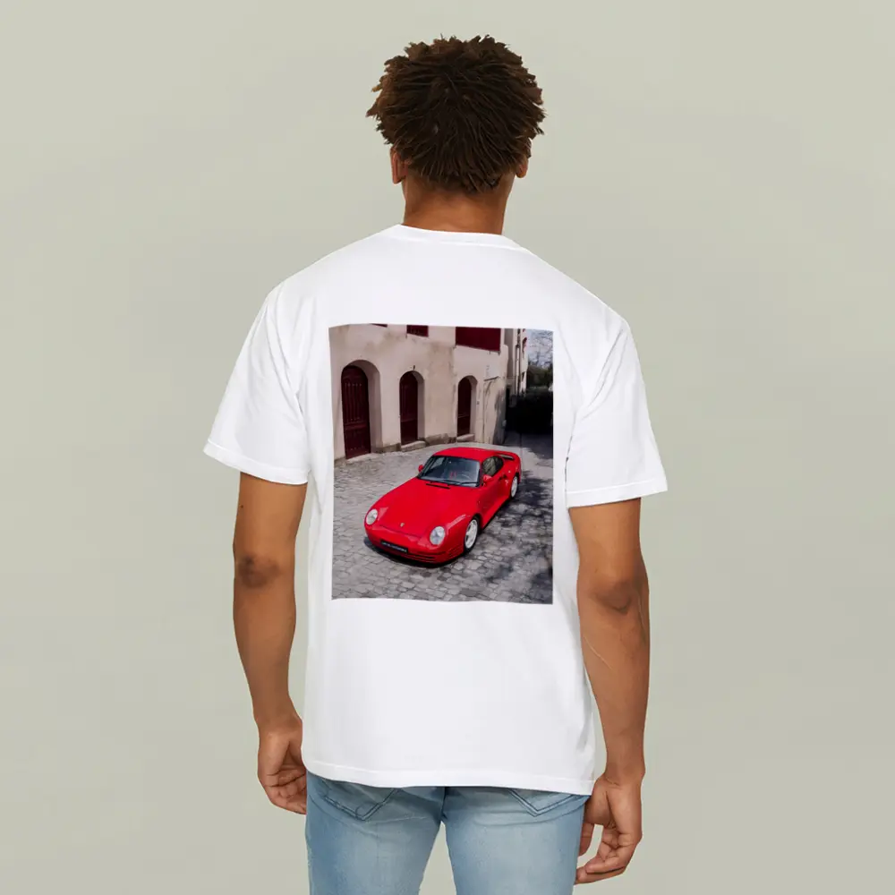 Red Porsche 959 on Cobblestone Old Town – T-Shirts