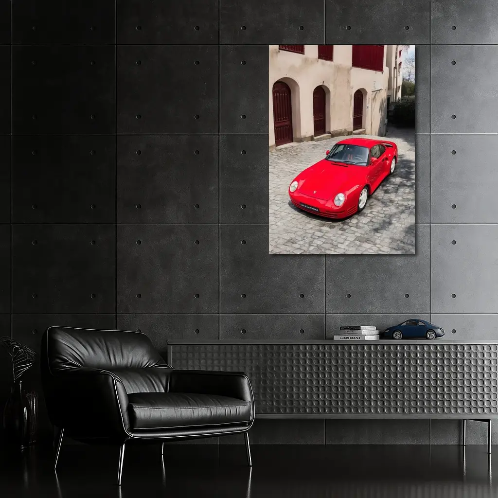 Red Porsche 959 on Cobblestone Old Town – Wall Art