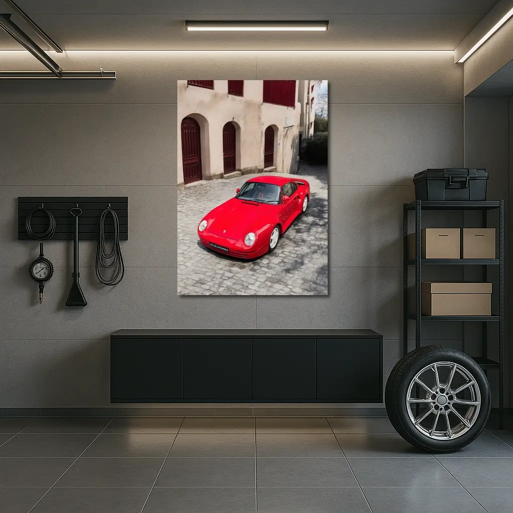 Red Porsche 959 on Cobblestone Old Town – Wall Art
