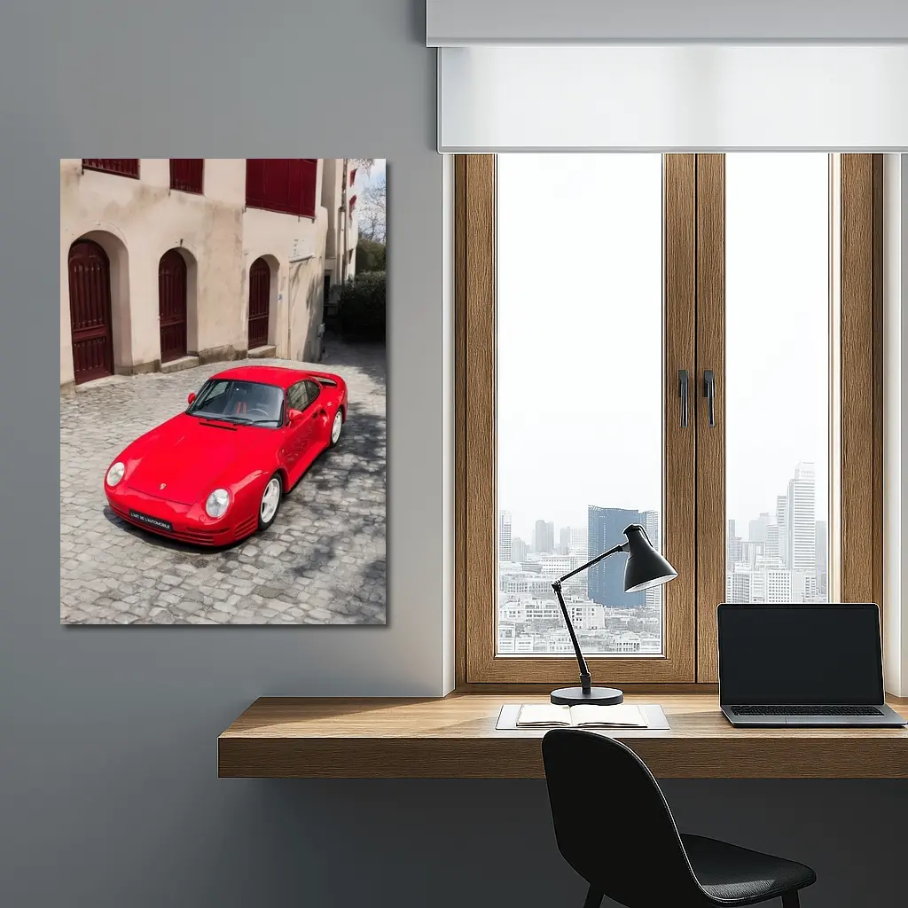 Red Porsche 959 on Cobblestone Old Town – Wall Art