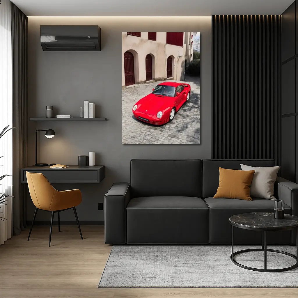 Red Porsche 959 on Cobblestone Old Town – Wall Art