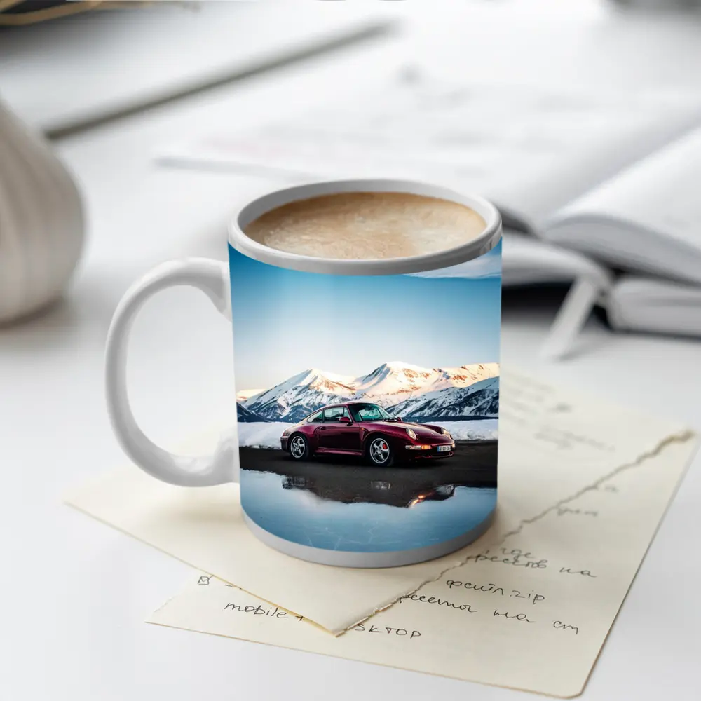 Porsche 911 Dark Red Snowy Mountain Backdrop – Mugs