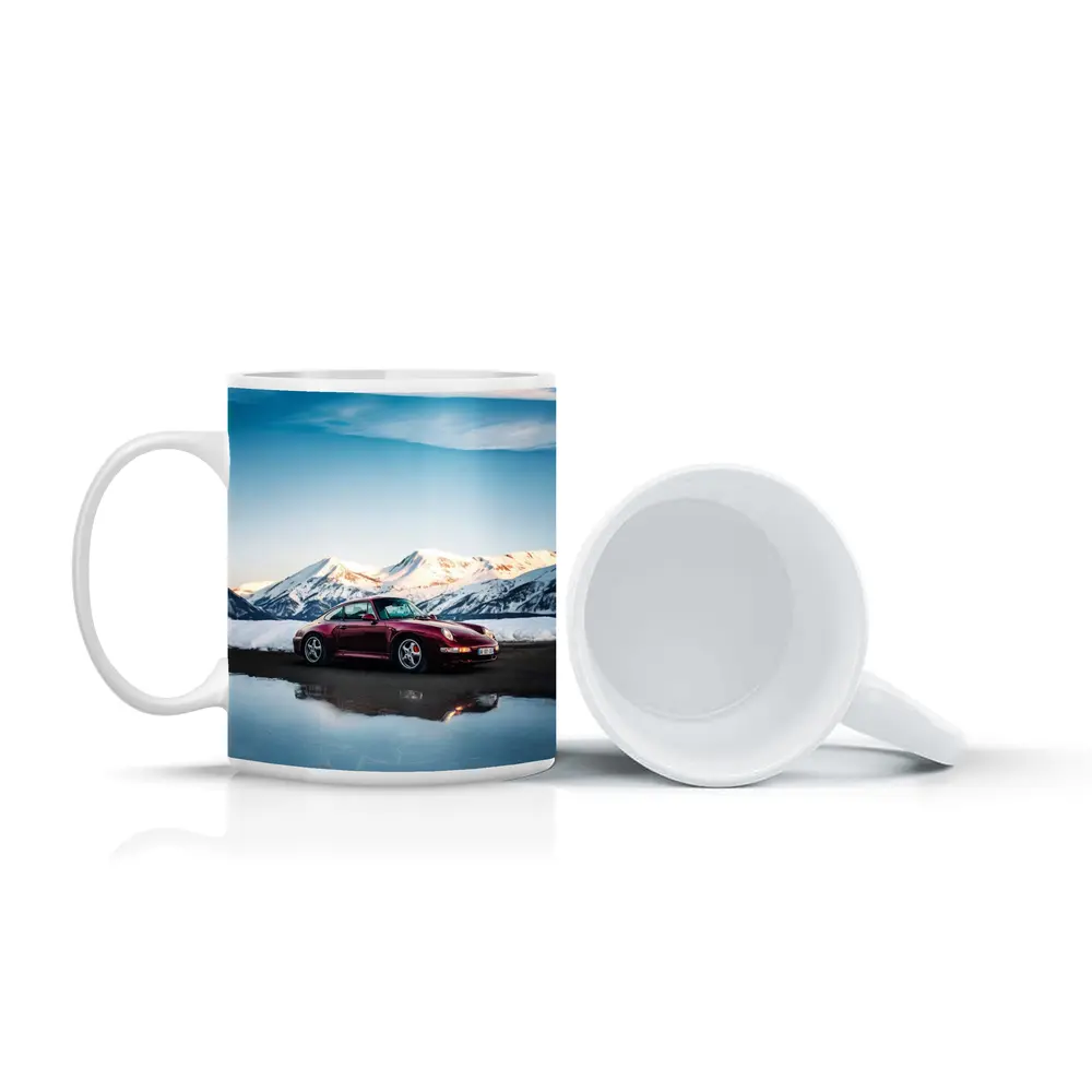 Porsche 911 Dark Red Snowy Mountain Backdrop – Mugs