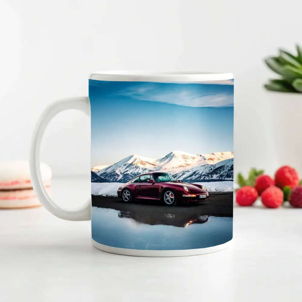 Porsche 911 Dark Red Snowy Mountain Backdrop – Mugs