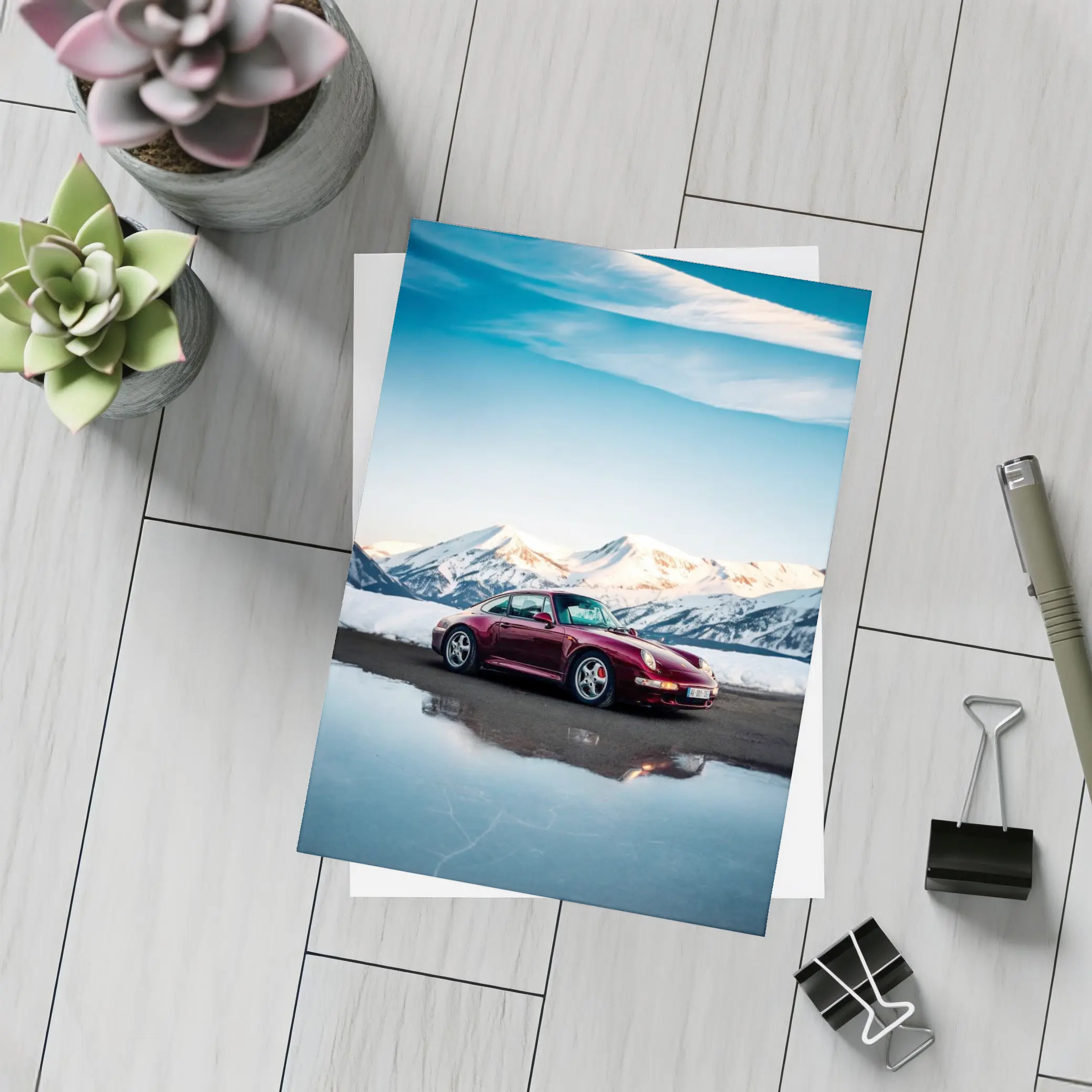 Porsche 911 Dark Red Snowy Mountain Backdrop – Postcards