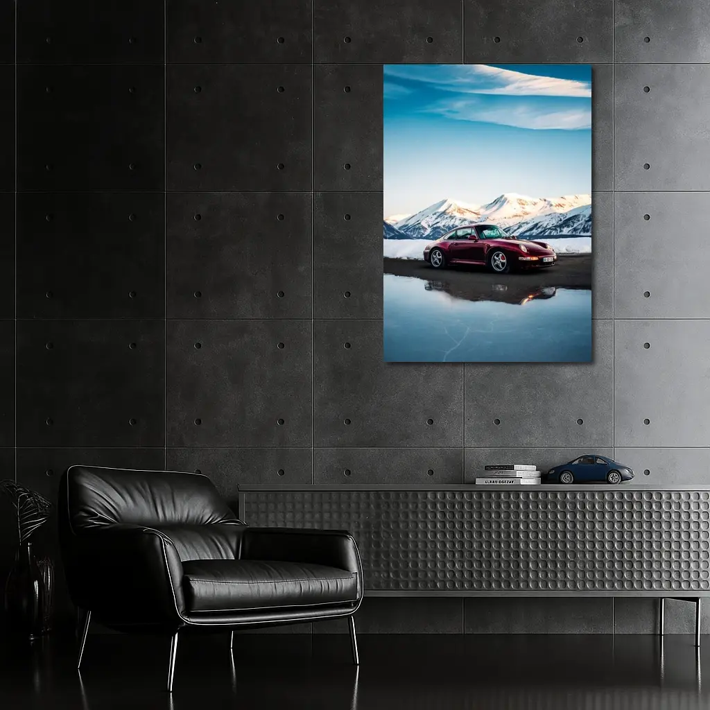 Porsche 911 Dark Red Snowy Mountain Backdrop – Wall Art