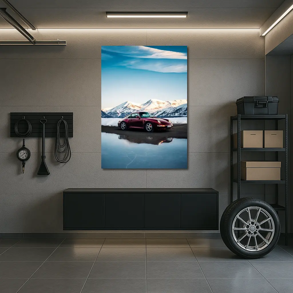 Porsche 911 Dark Red Snowy Mountain Backdrop – Wall Art