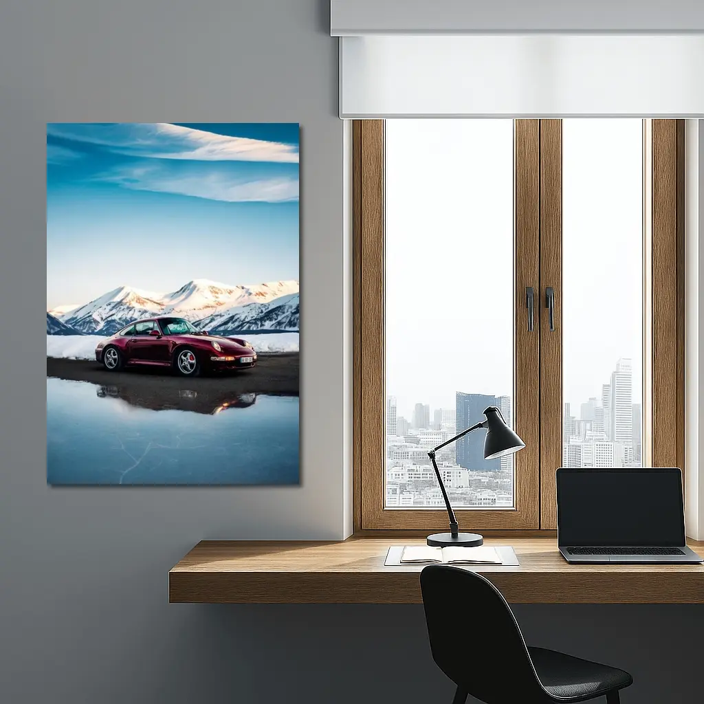 Porsche 911 Dark Red Snowy Mountain Backdrop – Wall Art