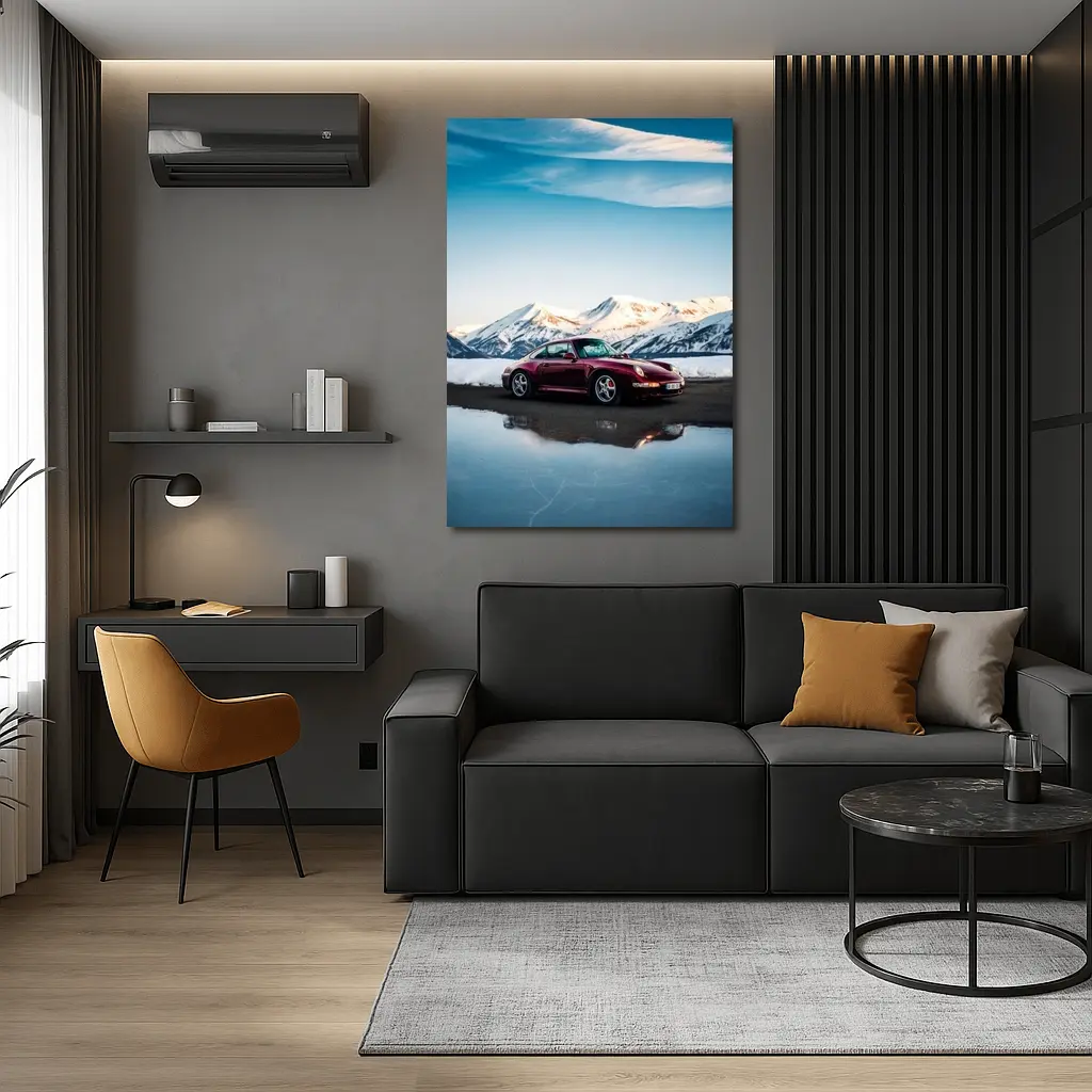 Porsche 911 Dark Red Snowy Mountain Backdrop – Wall Art