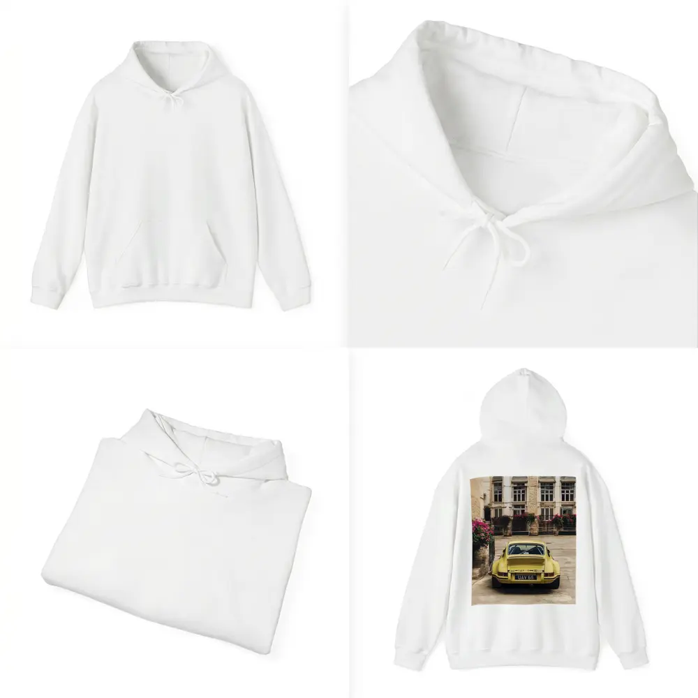 Yellow Porsche 911 Parked Old Town Street – Hoodies