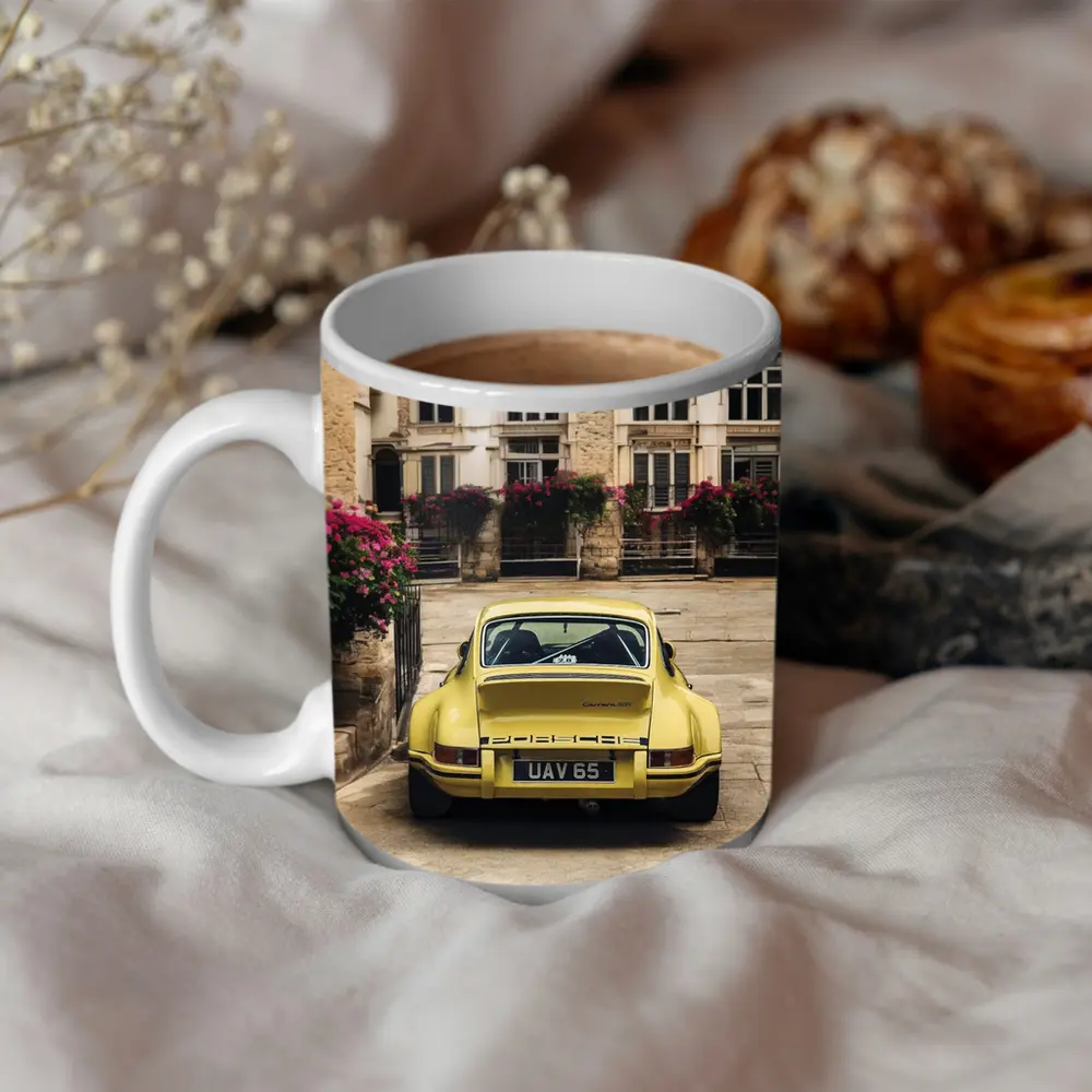 Yellow Porsche 911 Parked Old Town Street – Mugs