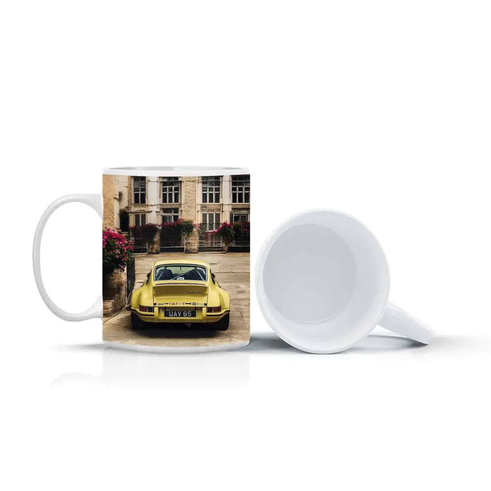 Yellow Porsche 911 Parked Old Town Street – Mugs
