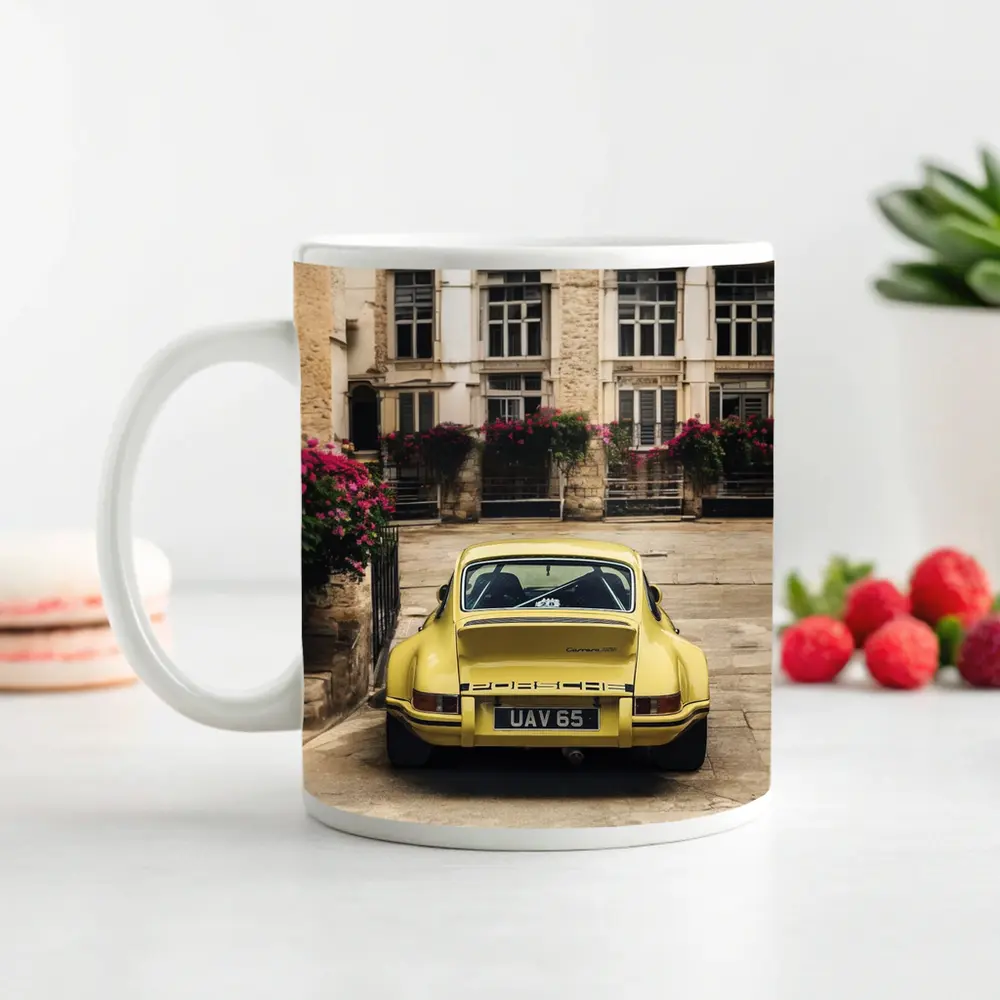 Yellow Porsche 911 Parked Old Town Street – Mugs