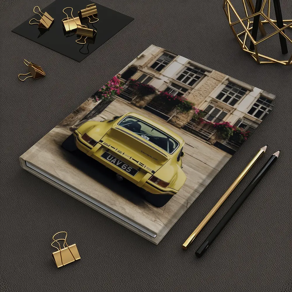 Yellow Porsche 911 Parked Old Town Street – Notebooks