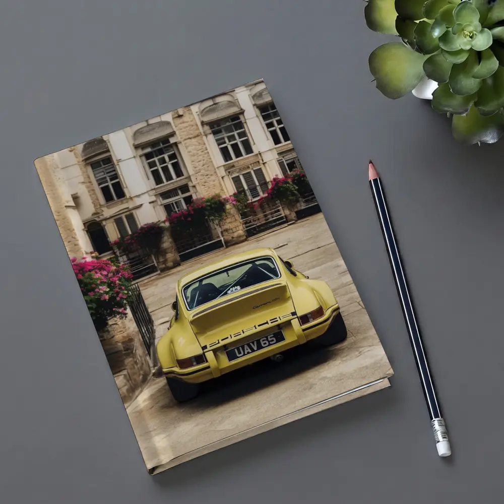 Yellow Porsche 911 Parked Old Town Street – Notebooks