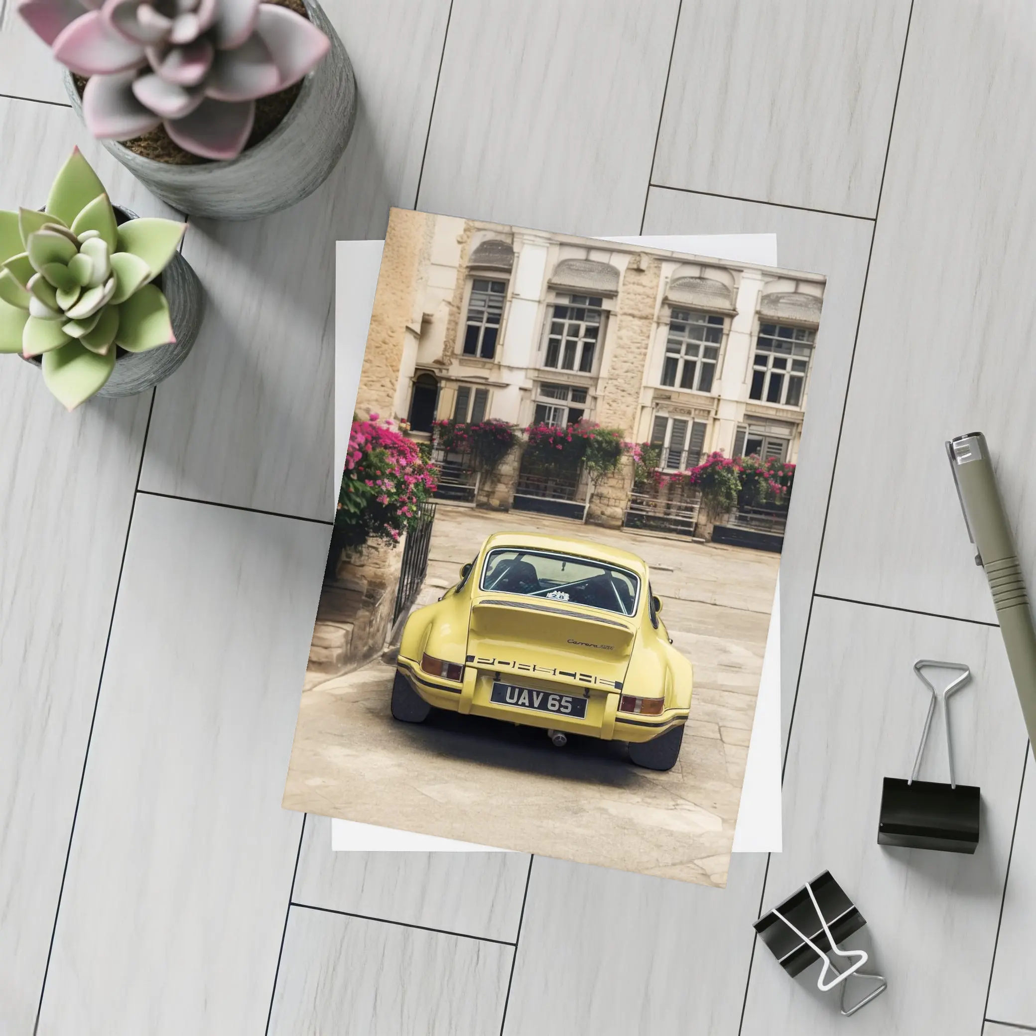 Yellow Porsche 911 Parked Old Town Street – Postcards